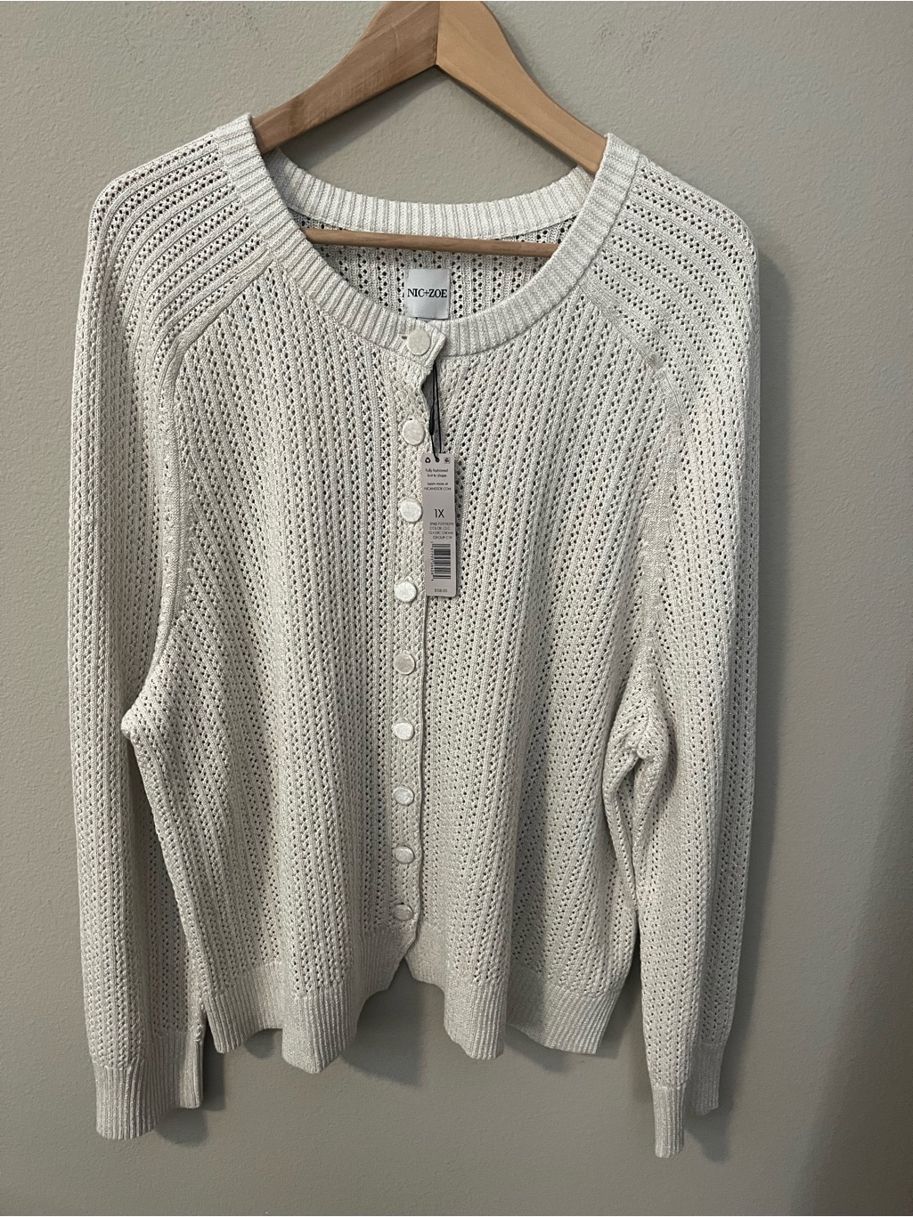 Nic+Zoe Open-Knit Button Cardigan Cream W/ Subtle Metallic Threads 1x Nwt — image 5 of 8